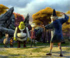Shrek, Boots ve Arthur, Merlin izlerken onun arkadaşlar Donkey, Puss ile Ogre
